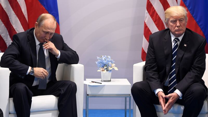 Russia’s President Vladimir Putin and President Donald Trump at a meeting on the sidelines of the G20 Summit in Hamburg in July 2017. Photograph: Saul Loeb/AFP/Getty Images