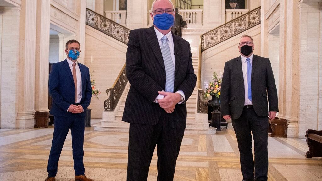Steve Aiken (centre) with party colleagues Robbie Butler (left), and Doug Beattie (right) at Stormont after Mr Aiken’s resigning as leader of the UUP. Photograph: Liam McBurney/PA Wire