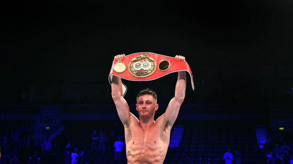 Ryan Burnett celebrates after defeating Lee Haskins during the IBF Bantamweight World Championship bout at the SSE Arena Belfast. Photo: Charles McQuillan/Getty Images