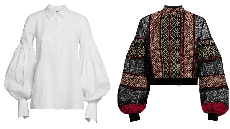 White shirt with exaggerated sleeve (€49.99), jumper (€99)