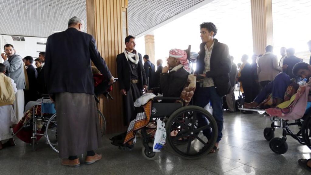 Wounded Houthi fighters wait to be evacuated from the Sana’a International Airport ahead of upcoming peace talks, in Sana’a, Yemen on December 3rd Photograph: Yahya Arhab/EPA