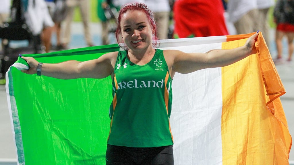 Team Ireland’s Niamh McCarthy celebrates after win bronze in the F41 Discus at the World Para Athletics Championships in Dubai. Photograph: Ben Booth/Sportsfile