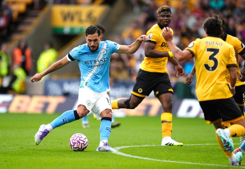 Rayan Cherki scores Manchester City's fourth goal of the game against Wolves. Photograph: Nick Potts/PA Wire