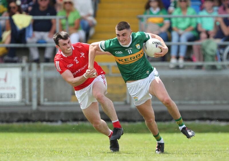 Kerry’s Seán O’Shea in action against Louth’s Dan Corcoran. Okay, Seanie is finding some form, but form against Louth and form against Tyrone are two totally different things. Photograph: Ken Sutton/Inpho