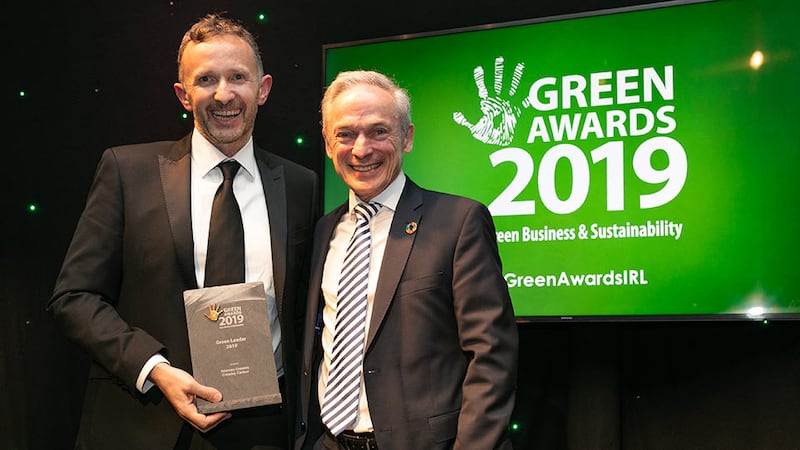 Minister Richard Bruton presents the Green Leader 2019 award to Norman Crowley, Crowley Carbon.