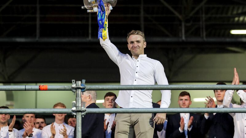 Noel McGrath celebrates with the Liam MacCarthy cup at Semple Stadium. Photograph: Laszlo Geczo/Inpho