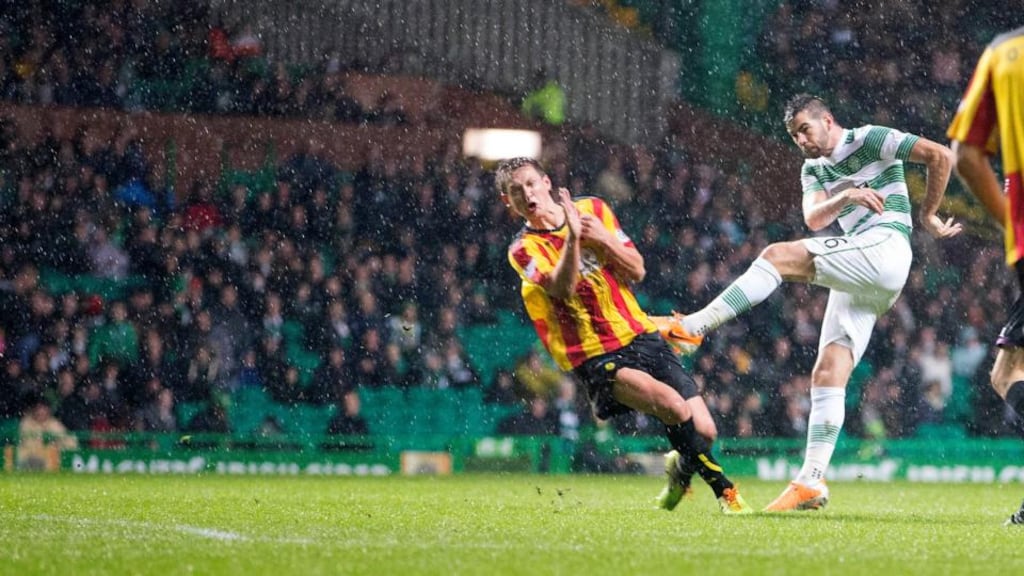 Celtic’s Joe Ledley scores Celtic’s goal during the Scottish Premiership match at Celtic Park. Photograph: Jeff Holmes/PA