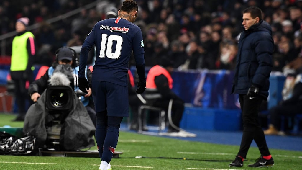 Neymar leaves the pitch after injuring his foot during the French Cup round of 32 match against Strasbourg at the Parc des Princes. Photograph: Franck Fife/AFP/Getty Images