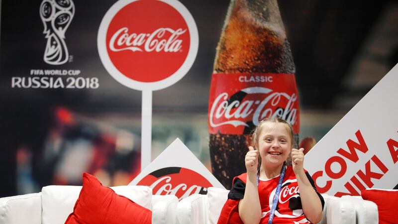 Coin toss girl Angelina Makarova in the Luzhniki Stadium in Moscow. Coca-Cola has remained associated with the World Cup even as other major sponsors have peeled away. Photograph: Carl Recine/Reuters