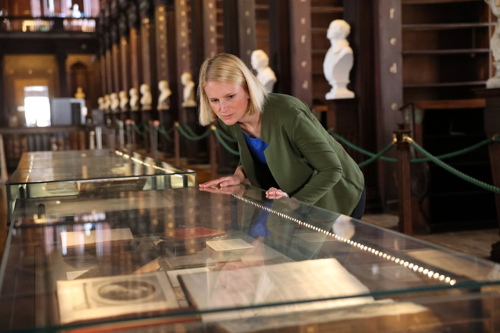 Laura Shanahan, head of research collections, with items from the Fagel Collection in the Library of Trinity College Dublin. Photograph: Dara Mac Dónaill/The Irish Times