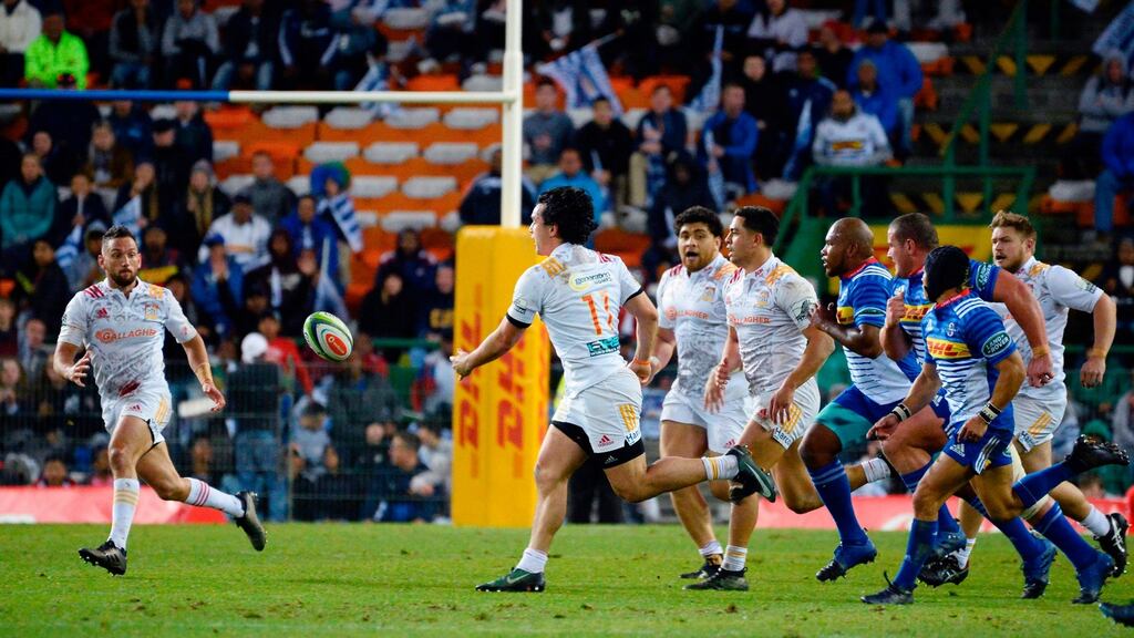 James Lowe, who will join Leinster at the end of the Super Rugby season, passes the ball to Aaron Cruden during the Chiefs’ win over the Stormers in Cape Town. Photograph: Getty Images