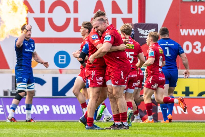 Scarlets' Gareth Davies celebrates a try with team-mates against Leinster last month. Photograph: Andrew Dowling/Inpho