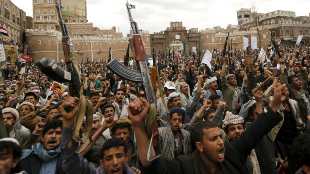 Houthi rebels hold up their weapons during a rally against Saudi air strikes in Sanaa, capital of Yemen recently. Photograph: Khaled Abdullah/Reuters