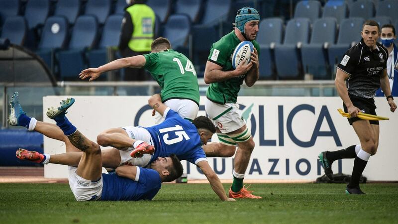 Ireland’s flanker Will Connors scores a try against Italy during the Six Nations victory in Rome. Photograph: Filippo Monteforte/AFP via Getty Images
