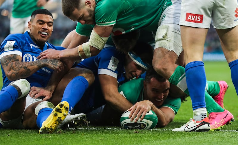 Ireland’s James Lowe scores a try during the Six nations game at the Aviva Stadium. Photograph: Ben Brady/Inpho