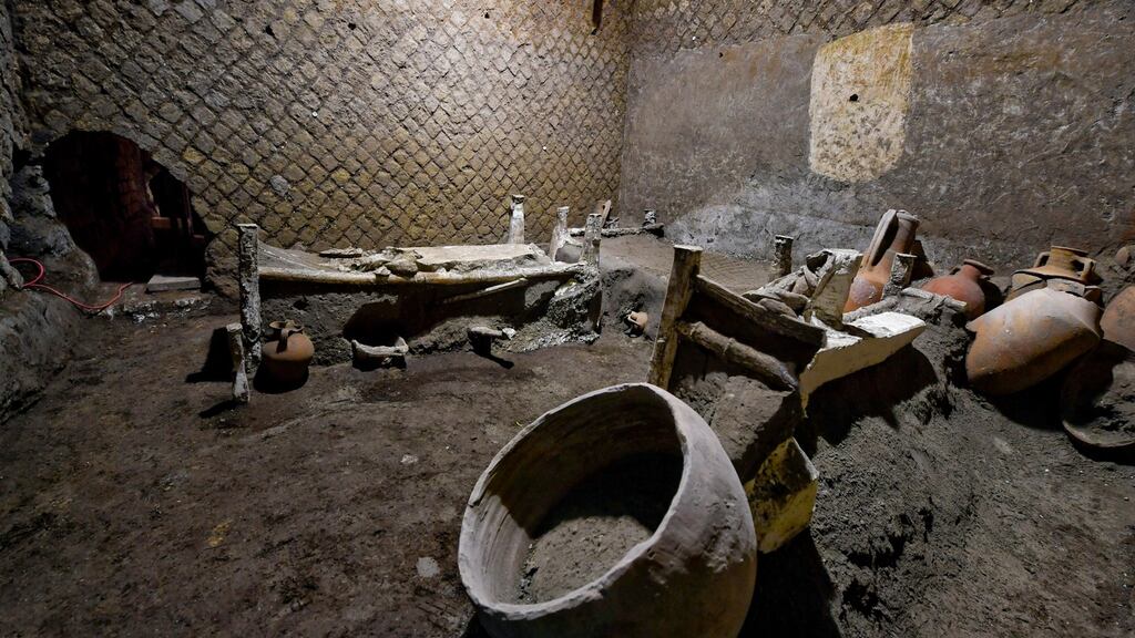 A view of the still-intact room, believed to have been inhabited by slaves, at the villa of Civita Giuliana unearthed in the Pompeii Archaeological Park. Photograph: Ciro Fusco/EPA