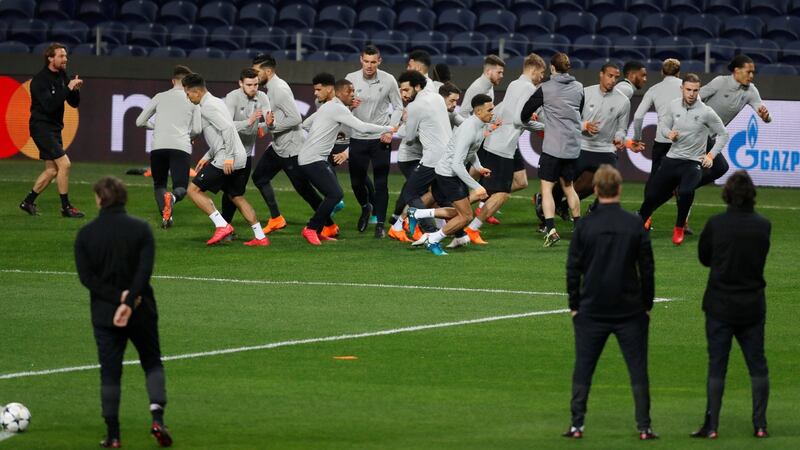 Liverpool players during training at the Estádio do Dragão in Porto on Tuesday. Photograph: Matthew Childs/Reuters