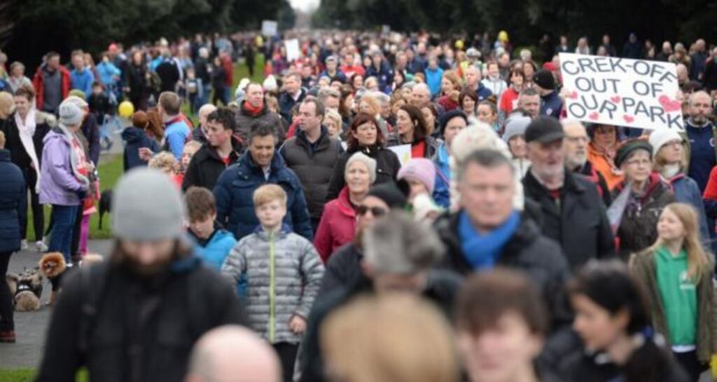 A file image of a protest over plans to build 536 residential units on the St Paul’s playing fields at St Anne’s Park, Raheny, Dublin. Photograph: Dara Mac Dónaill.