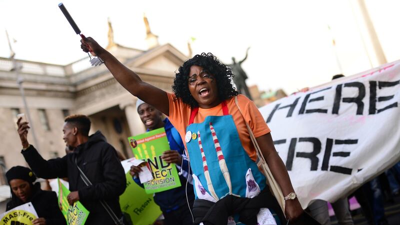 Ellie Kisyombe, from Dublin, at a rally in 2016 calling for the end to the direct provision system for asylum seekers, in Dublin. Photograph: Dara Mac Dónaill