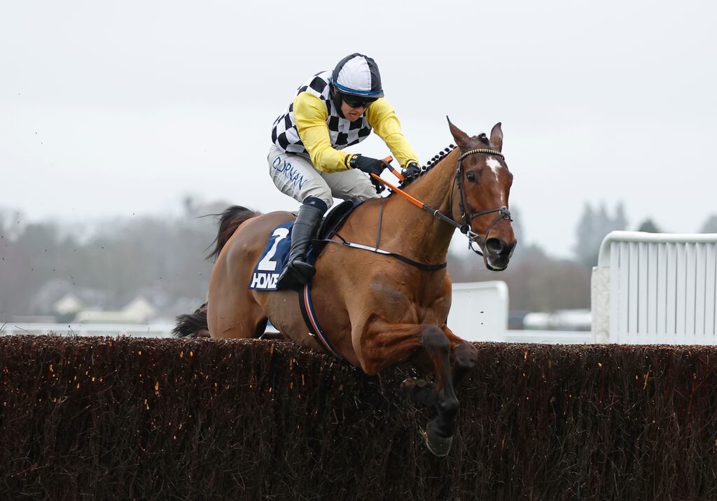 Jungle Boogie ridden by Darragh O'Keeffe clears the last before going on to win the Howden Graduation Chase at Ascot. Photograph: Nigel French/PA Wire