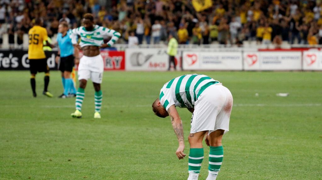Celtic’s Leigh Griffiths after the final whistle in Athens. Photograph: Alkis Konstantinidis/Reuters