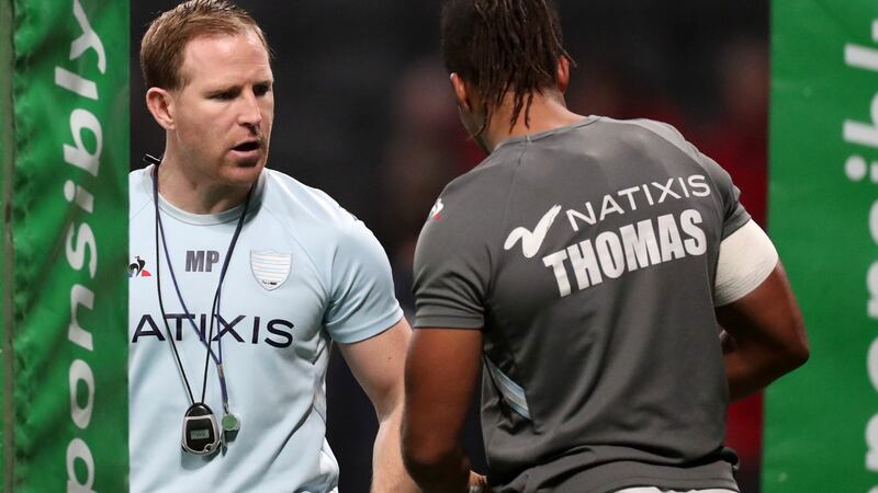 Racing 92 coach Mike Prendergast and Teddy Thomas during the Heineken Champions Cup Round 5 game against Munster at La Défense Arena in Paris on Sunday. Photograph: Billy Stickland/Inpho