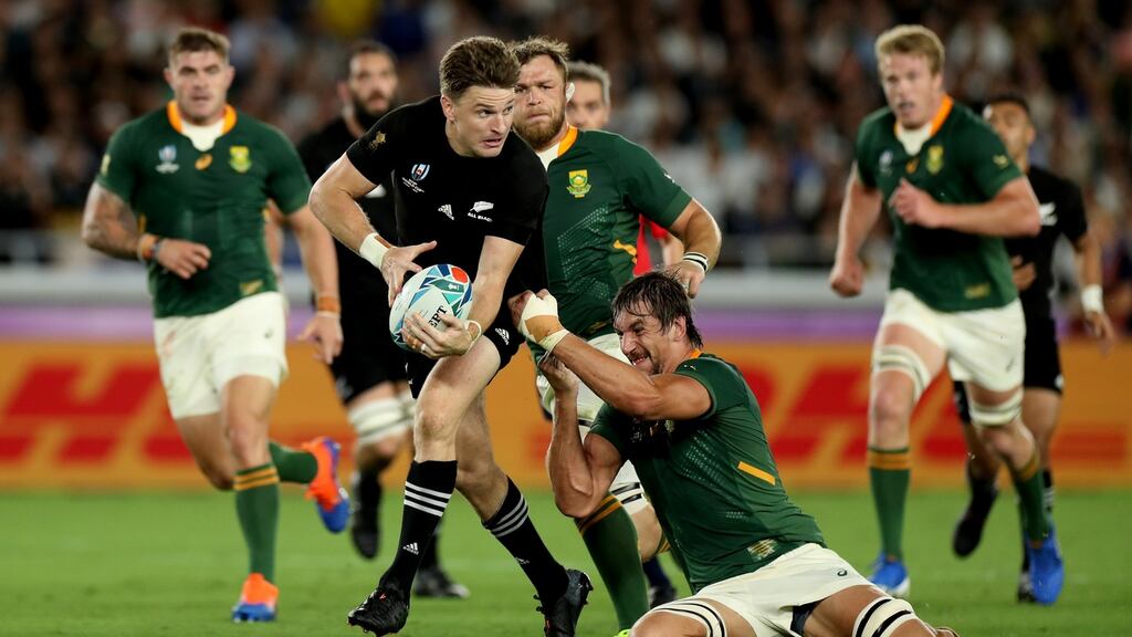 New Zealand fullback Beauden Barrett makes a break during the Rugby World Cup Group B game between New Zealand and South Africa at the International Stadium in Yokohama. Photograph: Hannah Peters/Getty Images