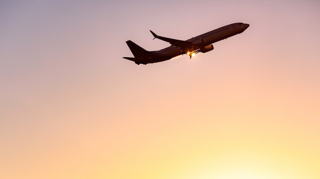 A Boeing 737 Max, takes off.