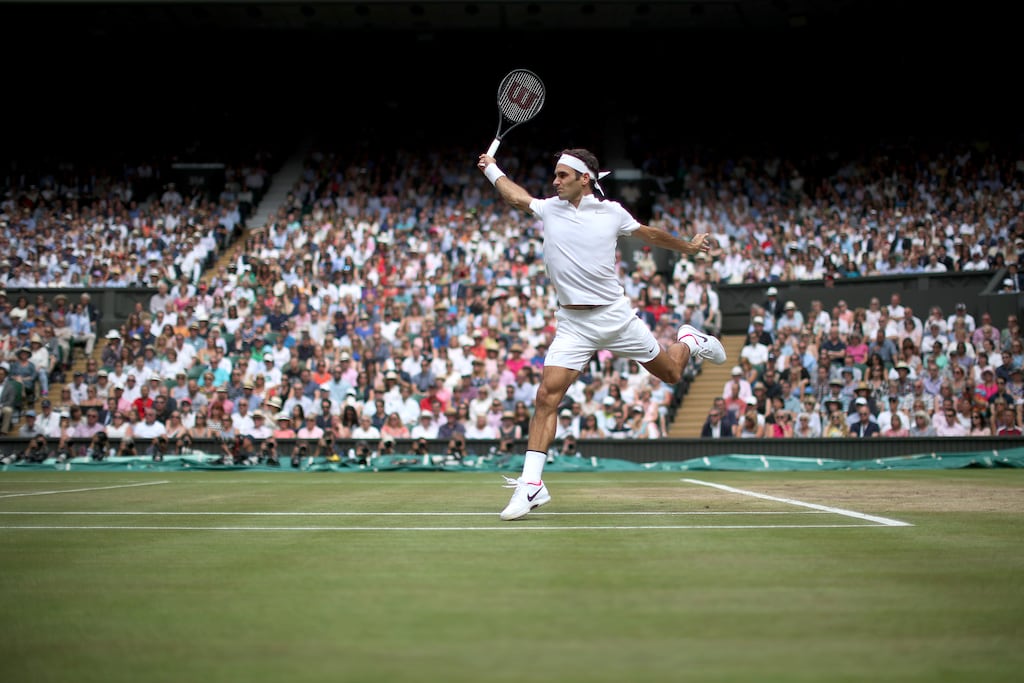 A majestic Roger Federer in action against Marin Cilic of Croatia during the 2017 Wimbledon final. Photograph: Tim Clayton/Corbis via Getty Images