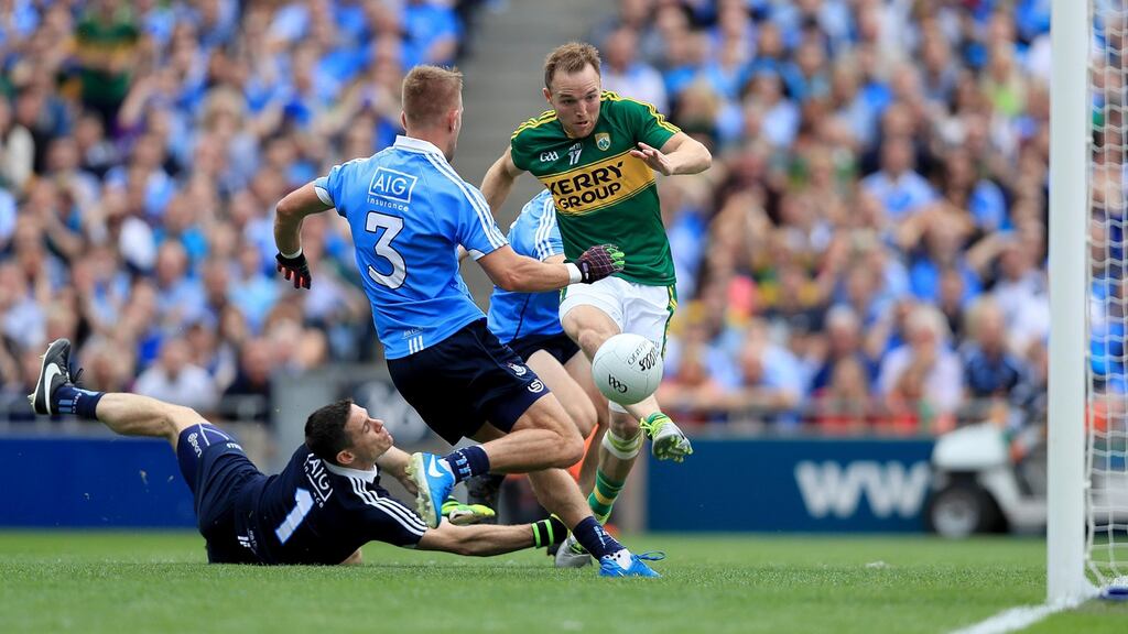 Kerry’s Darran O’Sullivan finds the back of the net in the All-Ireland semi-final against Dublin last summer. Photograph: Donall Farmer/Inpho