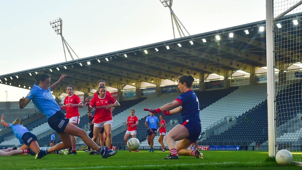 Hannah Tyrrell of Dublin scores a goal against Cork at Páirc Ui Chaoimh on Saturday. Photograph: Eóin Noonan/Sportsfile