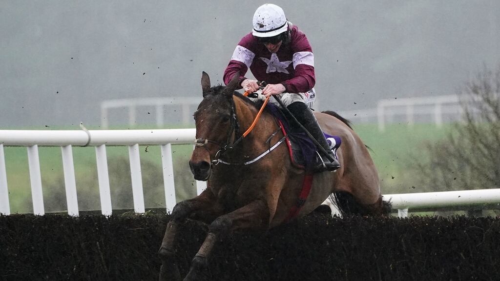 Death Duty ridden by Jack Kennedy clears the last on the way to winning the Hollywoodbets Grand National Trial at Punchestown. Photograph: Brian Lawless/PA