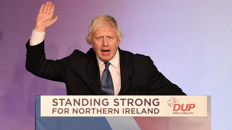 Boris Johnson speaking at the DUP annual conference in Belfast. Photograph: Michael Cooper/PA
