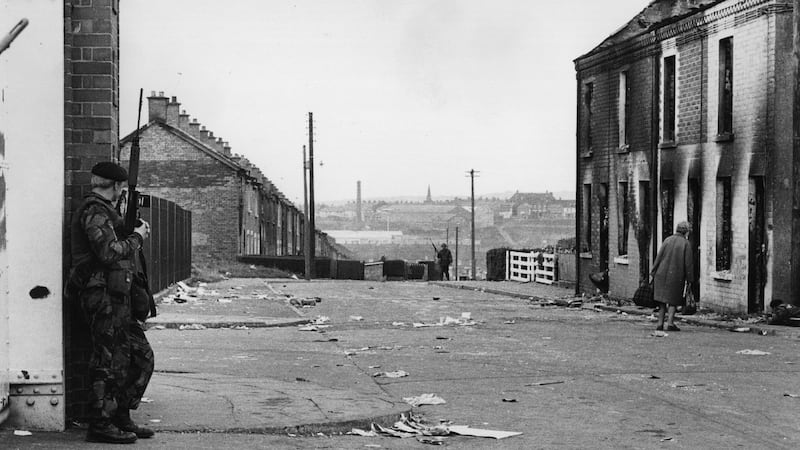August 12th, 1971: Armed British troops on the streets of Belfast after loyalists began a sectarian pogrom in the city. Photograph:  Central Press/Getty Images
