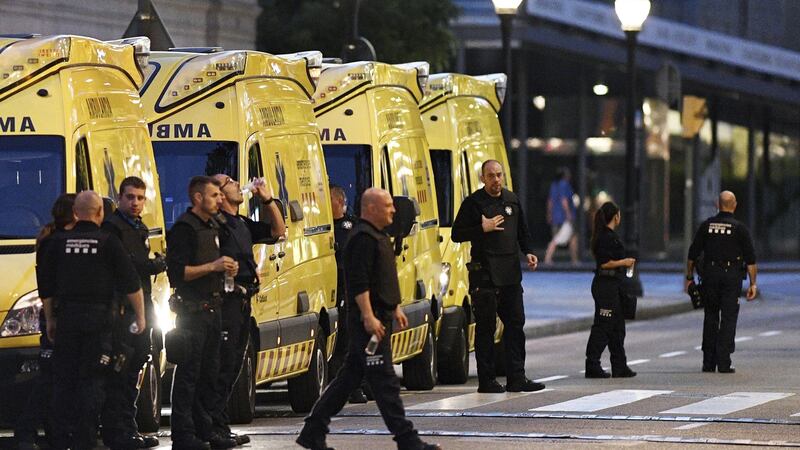 Medical personnel near the scene of Thursday’s terrorist attack on Las Ramblas in Barcelona. Photograph: David Ramos/Getty Images