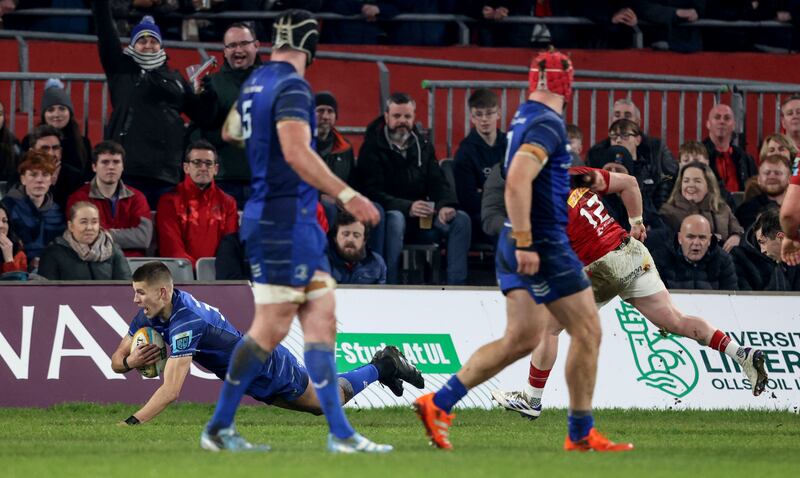 Sam Prendergast scores for Leinster. Photograph: Dan Sheridan/Inpho