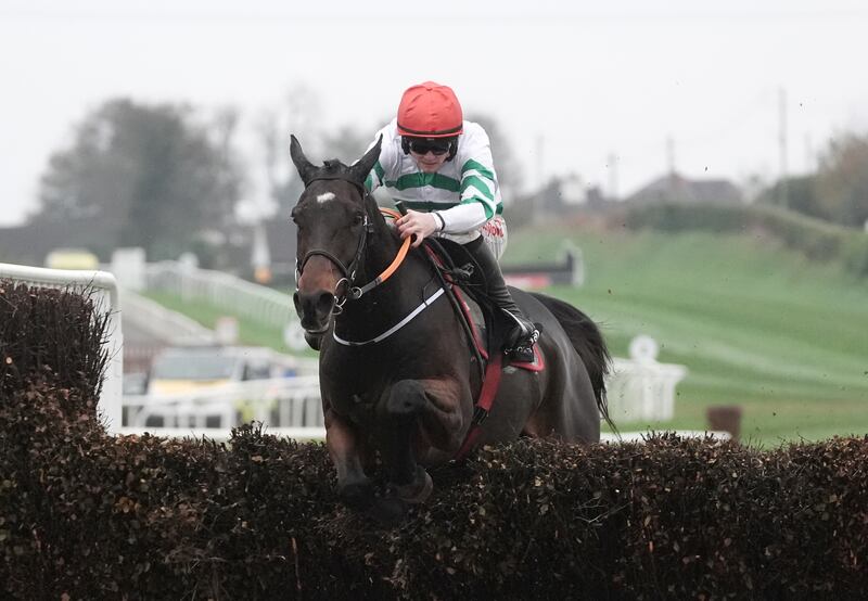 Found A Fifty ridden by Sam Ewing clears the last before going on to win the Bottlegreen Ladies Day 2024 Chase at Down Royal. Photograph: Brian Lawless/PA Wire