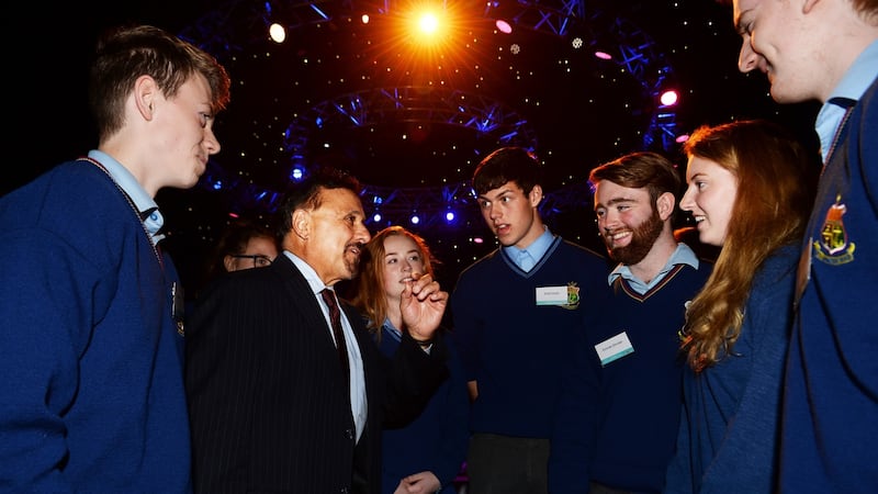 Former principal of Columbine High School Frank DeAngelis chats to students from St Joseph’s Secondary Ceist School during the Creating A Listening School seminar at the Mansion House, Dublin. Photograph: Cyril Byrne/The Irish Times
