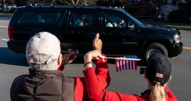 US president Donald Trump waves to supporters as he departs from the Trump National Golf Club on Saturday in Sterling, Virginia. Photograph: Joshua Roberts/Getty