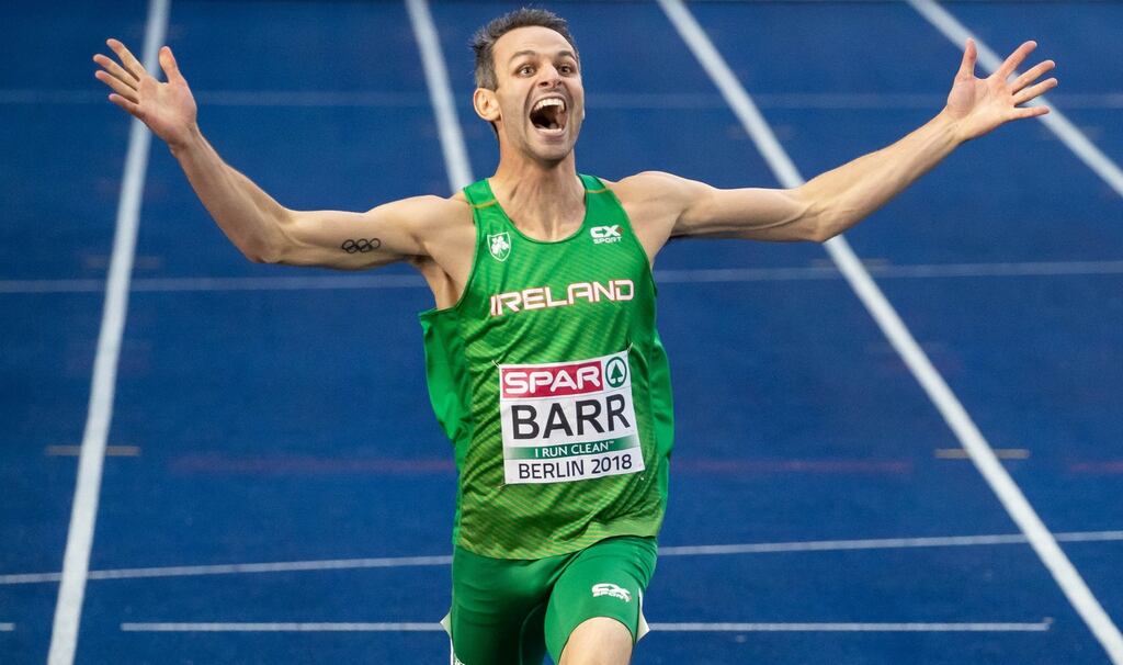 Ireland's Thomas Barr celebrates winning bronze in the 400m hurdles final at the European Championships in Berlin. Photograph: Morgan Treacy/Inpho