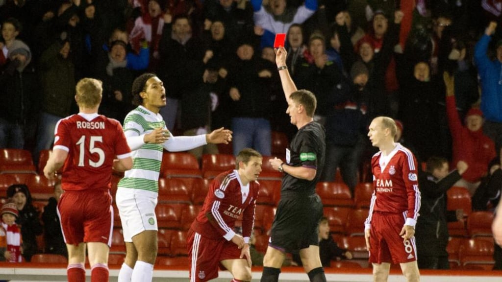Celtic’s Virgil van Dijk is sent off during the match at Pittodrie. Photograph: Kenny Smith/PA Wire.
