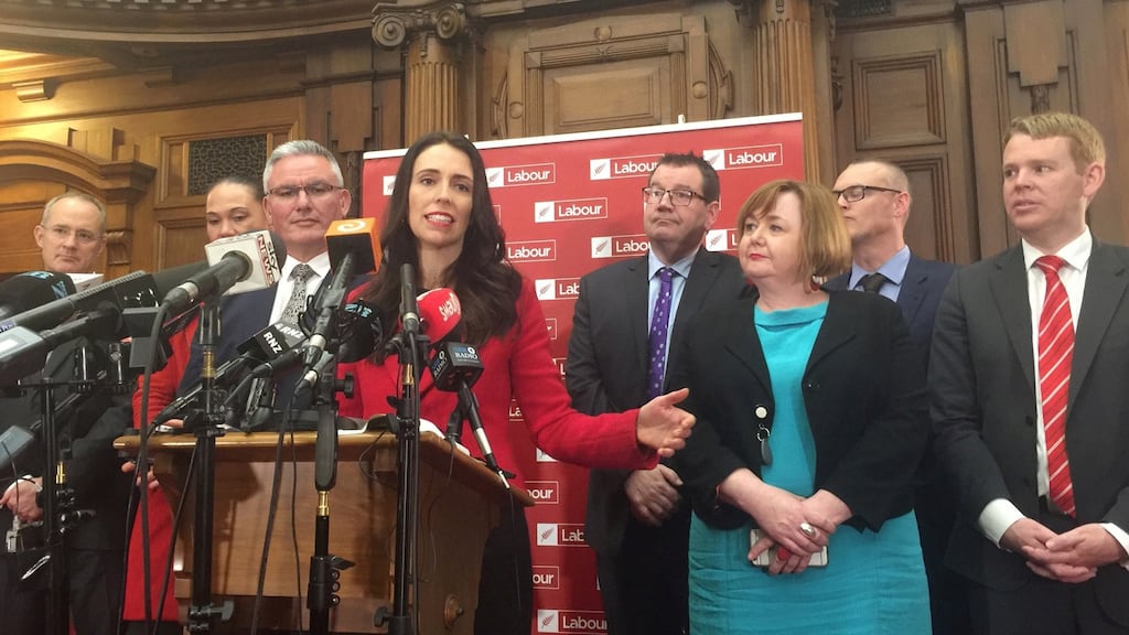 Jacinda Ardern (centre), New Zealand’s new opposition Labour leader, speaks to the press alongside members of her party in August. Photograph: Charlotte Greenfield/Reuters/File Photo
