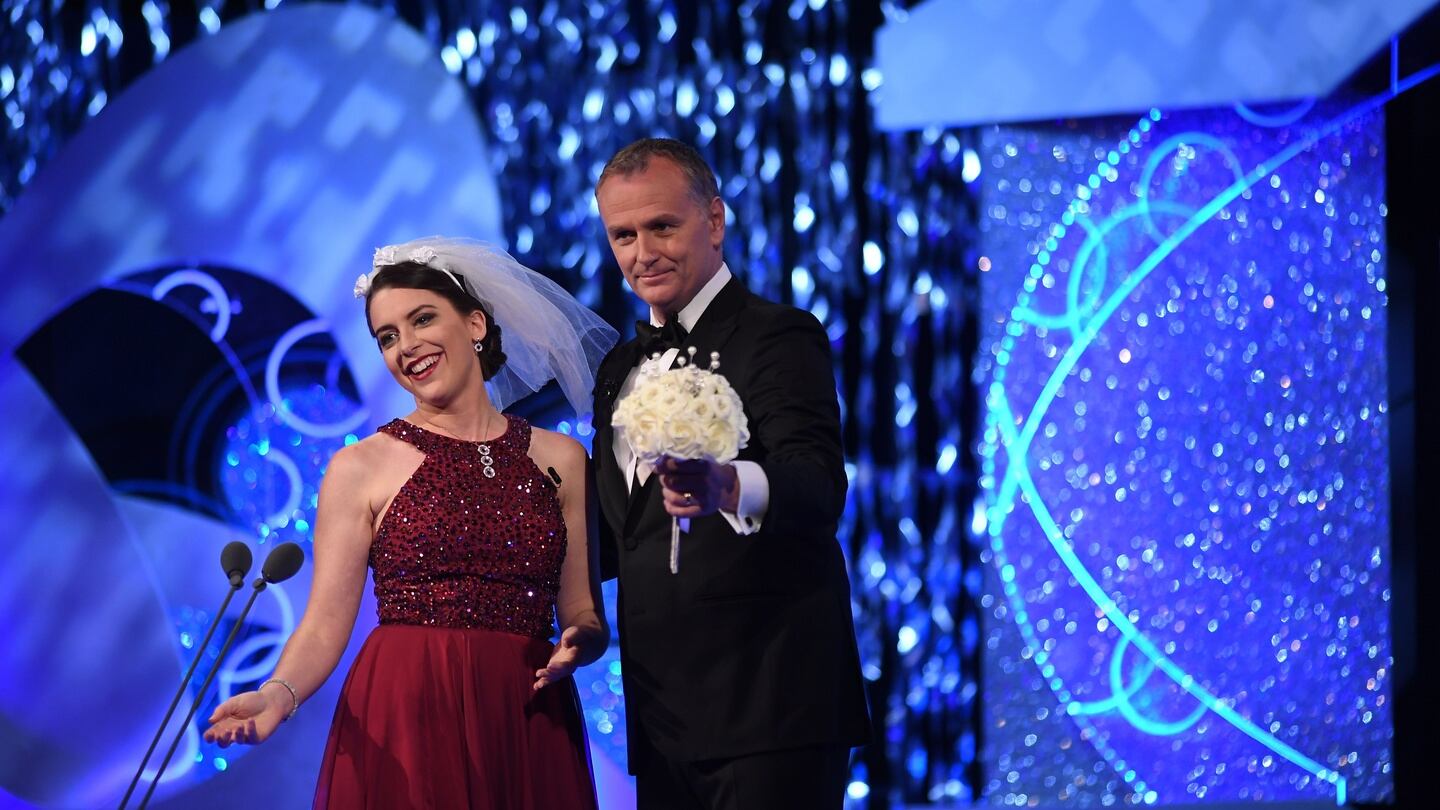 Texas Rose Katherine O’Sullivan with Rose of Tralee presenter Dáithí Ó Sé. Photograph: Domnick Walsh/Eye Focus