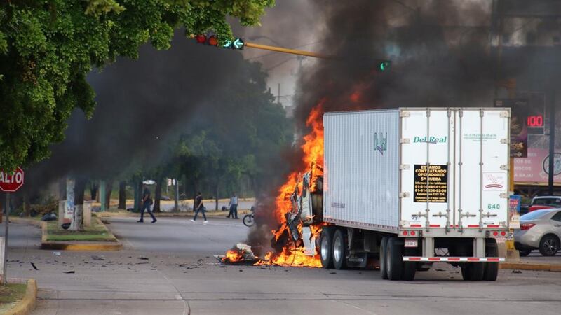 A truck burns in a street of Culiacan, state of Sinaloa, Mexico, on October 17th, 2019. Photograph: STR/AFP via Getty Images