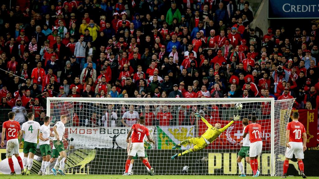 Ireland’s Darren Randolph makes a save during the defeat to Switzerland in Stade de Geneva. Only the goalkeeper’s heroics and some desperate last-ditch defending prevented a rout. Photograph: Tommy Dickson/Inpho