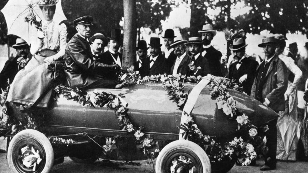 ‘The milestone is also unusual in uniting the normally separate worlds of international motor racing and Irish literature: one of the lesser, and probably unwitting, achievements of the protagonist, Camille Jenatzy.’ Above, Jenatzy (in driver’s seat), the first driver to exceed 100km/h. Photograph: Hulton Archive/Getty Images
