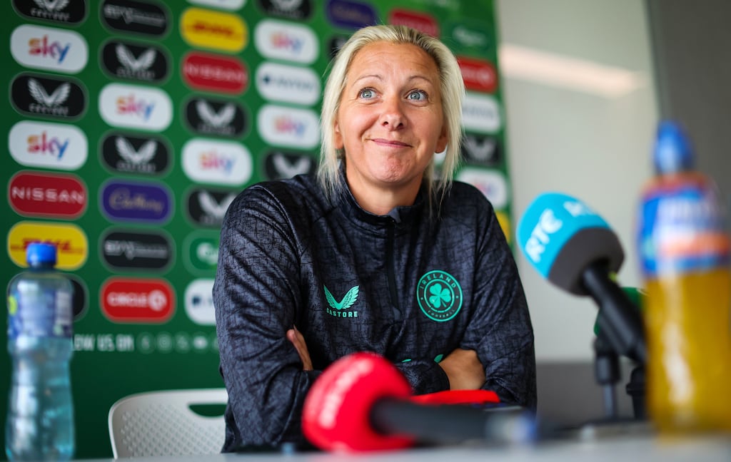 Republic of Ireland head coach Carla Ward talks to the media at a squad announcement in Dublin on Tuesday. Photograph: Ryan Byrne/Inpho