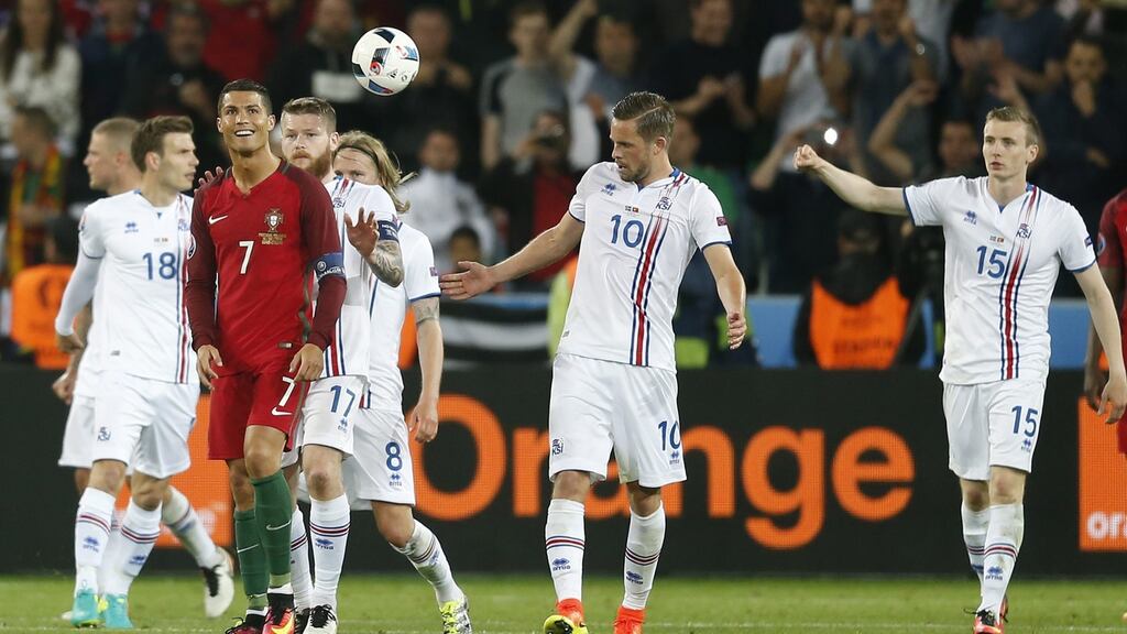 Cristiano Ronaldo after the final whistle during his team’s draw with Iceland at Stade Geoffroy Guichard. Photograph: EPA