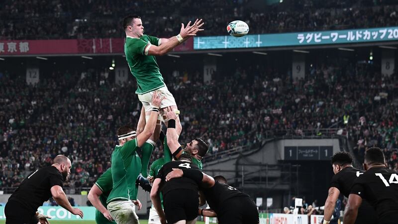 James Ryan takes a lineout during Ireland’s defeat in Tokyo. Photograph: Anne-Christine Poujoulat/AFP/Getty