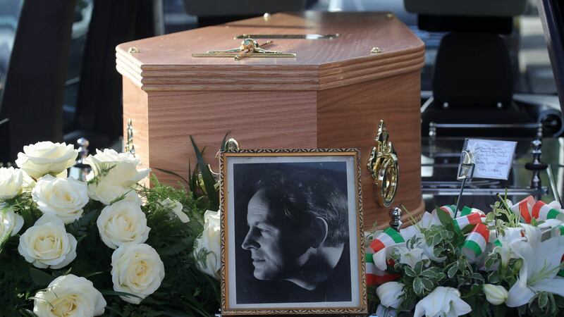 The remains of Ulick O’Connor in the hearse at the Church of the Three Patrons, Rathgar Road, Dublin. Photograph: Colin Keegan/Collins